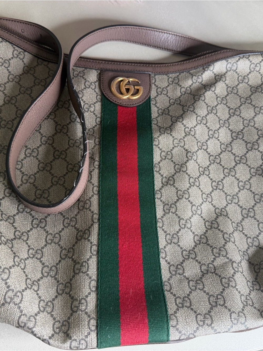 Gucci Beige Monogram Shoulder Bag with Green & Red Web Stripe jumbo size